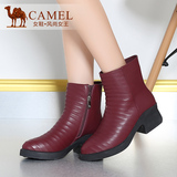 Camel/骆驼女鞋 舒适简约 真皮尖头中跟侧拉链保暖休闲女靴