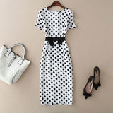 国际大品牌女装欧美高端优雅气质黑白波点印花短袖连衣裙夏季高档