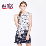 Wanko2016夏装新款 仿麻无袖黑白波点拼接修身连衣裙A字短裙女夏