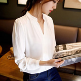 2016春季新品女装韩版长袖衬衣宽松大码显瘦V领女式打底雪纺衬衫