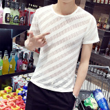 夏天新款t恤男韩版衣服镂空修身透明短袖T恤男发型师半袖紧身体恤