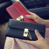 小链条锁钱包带盒新款韩版女士长款转锁三折手拿包零钱包