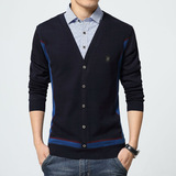 青少年冬季男士毛衣韩版V领衬衫领假两件长袖加绒针织衫学生款男