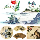 32水墨画素材油画中国山水画风景风水彩画梅兰竹菊手绘无框画图片