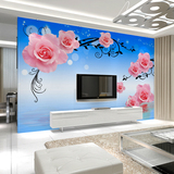 蓝色背景玫瑰电视墙沙发墙客厅卧室婚房墙纸定做无缝大型壁画壁布