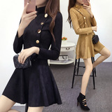 2016春季新款女装韩版气质时尚修身显瘦长袖上衣鹿皮绒连衣裙女潮