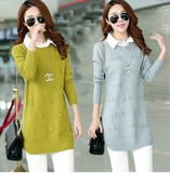 2015韩版女衬衣领中长款打底针织衫纯色假两件修身毛衣羊绒衫带珠