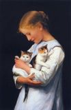 热卖精准印花 法国DMC十字绣套件 世界名画油画 女孩 猫 抱小猫的