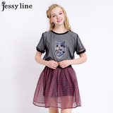 jessy line2016夏装新款 杰茜莱猫咪图案网纱拼接短袖T恤 女上衣