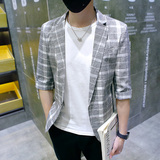 16春夏季男韩版休闲中袖小西装薄款修身七分袖短袖外套格子西服潮