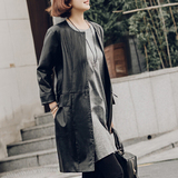 2015冬季新款女装通勤韩版圆领九分袖中长皮衣外套中年大码妈妈装