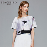 太平鸟品牌韩版女装2016夏流行创意印花针织衫宽松圆领中长款T恤