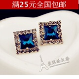 新品限时特价全新韩国进口时尚气质奢华精致满钻正方形蓝宝石耳钉