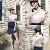 2016新款夏季女装韩版短款镂空短袖T恤女 修身百搭娃娃领打底衫潮