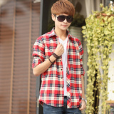 13春季14青少年15格子衬衫16岁男孩韩版修身中学生长袖衬衣薄款