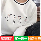 韩版原宿秋衣t恤卡通小人刺绣宽松加绒卫衣女学生棒球服长袖外套