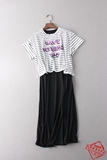 出口日本 夏季女装 时尚亮片字母条纹T恤纯色修身无袖裙2件套装裙