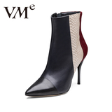 VMe舞魅秋新款个性拼色超细跟高跟女鞋 优雅尖头真皮女靴VS4D3230