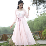 中国风古代服装古装汉服淑女假两件粉色大摆长裙气质仙女连衣裙