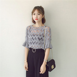夏季新款韩版女破洞镂空流苏套头罩衫纯色短袖薄款针织衫+G612