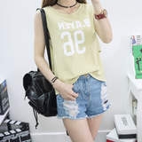韩国新品夏装假两件短款无袖背心外穿女潮学生数字字母印花打底衫