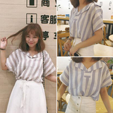 2016新品女装韩版夏季复古条纹学院风套头海军风翻领衬衫衬衣上衣