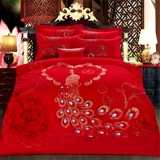 婚庆纯棉四件套大红色结婚全棉加厚磨毛床上用品床笠款