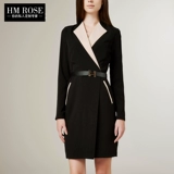 HM ROSE欧美新款修身职业连衣裙翻领长袖黑色OL一步裙中长款女装