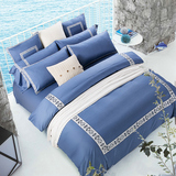 奢华地中海风格美式刺绣床上用品四件套全棉蓝色纯色欧式1.8/2.0m