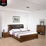 厚重款1.8米胡桃木床全实木床1.5米头层牛皮大床现代简约中式家具