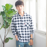 夏季新款日系学生衬衣韩版潮流简约格子衬衫时尚青年七分袖男士