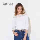 Westlink/西遇2016夏季新款 雪纺镂空一字领五分荷叶袖短款女上衣