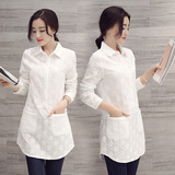 中长款衬衫女2016夏装新款白色刺绣韩版长袖修身显瘦棉衬衣上衣潮