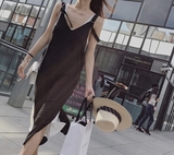 2016夏季新款女装韩版假两件长款黑色开叉背心裙背带裙女连衣裙子