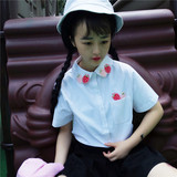 夏季女装韩版可爱草莓绣花宽松短袖衬衫软妹学生休闲上衣白色衬衣