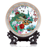 景德镇陶瓷器 孔雀牡丹花装饰盘子 挂盘 现代时尚家居工艺品摆件