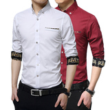 春季男士长袖青年衬衫薄款韩版修身型商务休闲男装大码纯色衬衣潮