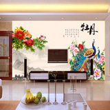 大型壁画壁纸墙纸 电视背景墙客厅 现代中式牡丹孔雀 花开富贵
