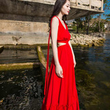 海边度假必备沙滩裙夏季新款波西米亚红色修身长裙连衣裙仙女裙