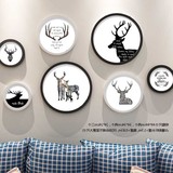 麋鹿北欧简约风格圆形装饰画黑白现代客厅卧室书房餐厅玄关壁画