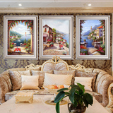 欧式纯手绘油画地中海风景三联装饰画现代客厅沙发背景墙餐厅挂画