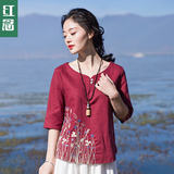 红念文艺复古红色七分袖刺绣棉麻衬衫 夏季新款女装上衣宽松衬衣