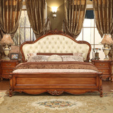 美式床实木床欧式双人床复古真皮床 新古典雕花高箱床深色 1.8米