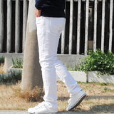 男士夏季弹力纯白色牛仔裤韩版潮时尚修身小直筒裤青少年长裤