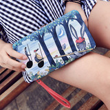 韩版时尚童话风手绘彩印女士搭扣饭盒长款钱包卡通油画手机手拿包