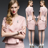 EFB夏新款职业装女装时尚ol西装套裙粉色荷叶边西服套装工作服女