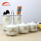 陶瓷双筷子筒厨房置物架 陶瓷调味罐三个送勺子3个铁架 2和1套装