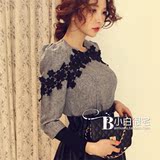 2016新款女装夏装 韩国代购蕾丝花边装饰缩口袖垫肩修身衬衫上衣