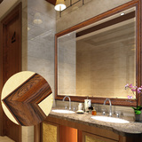 全实木框卫浴镜防雾壁挂浴室镜欧美式红橡木色卫生间挂墙化妆镜子
