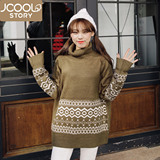jcoolstory韩国2015秋冬新款花纹高领套头长袖毛衣韩版宽松女外套